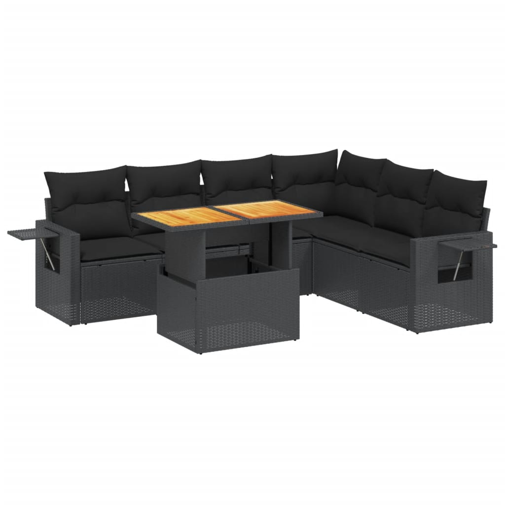 Set canapele de gradina cu perne, 7 piese, negru, poliratan