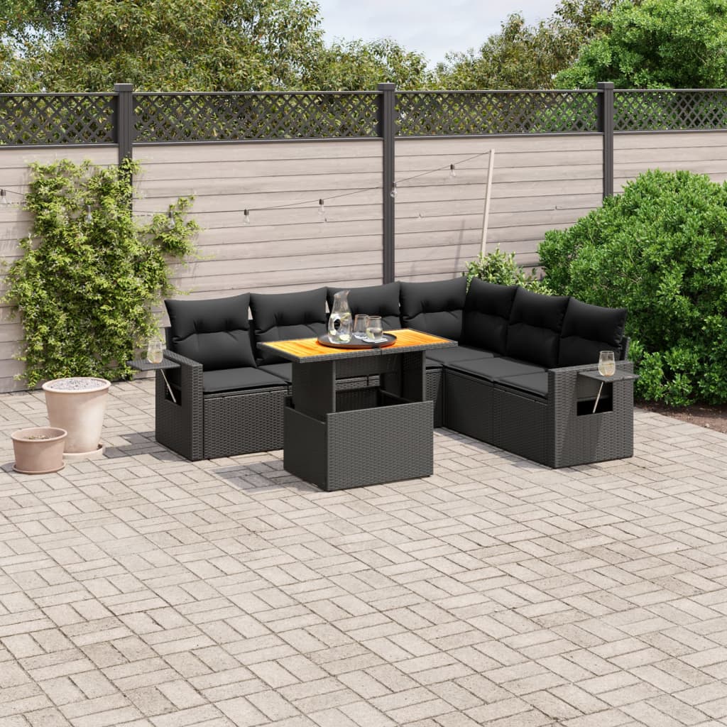 Set canapele de gradina cu perne, 7 piese, negru, poliratan — imaginea 2