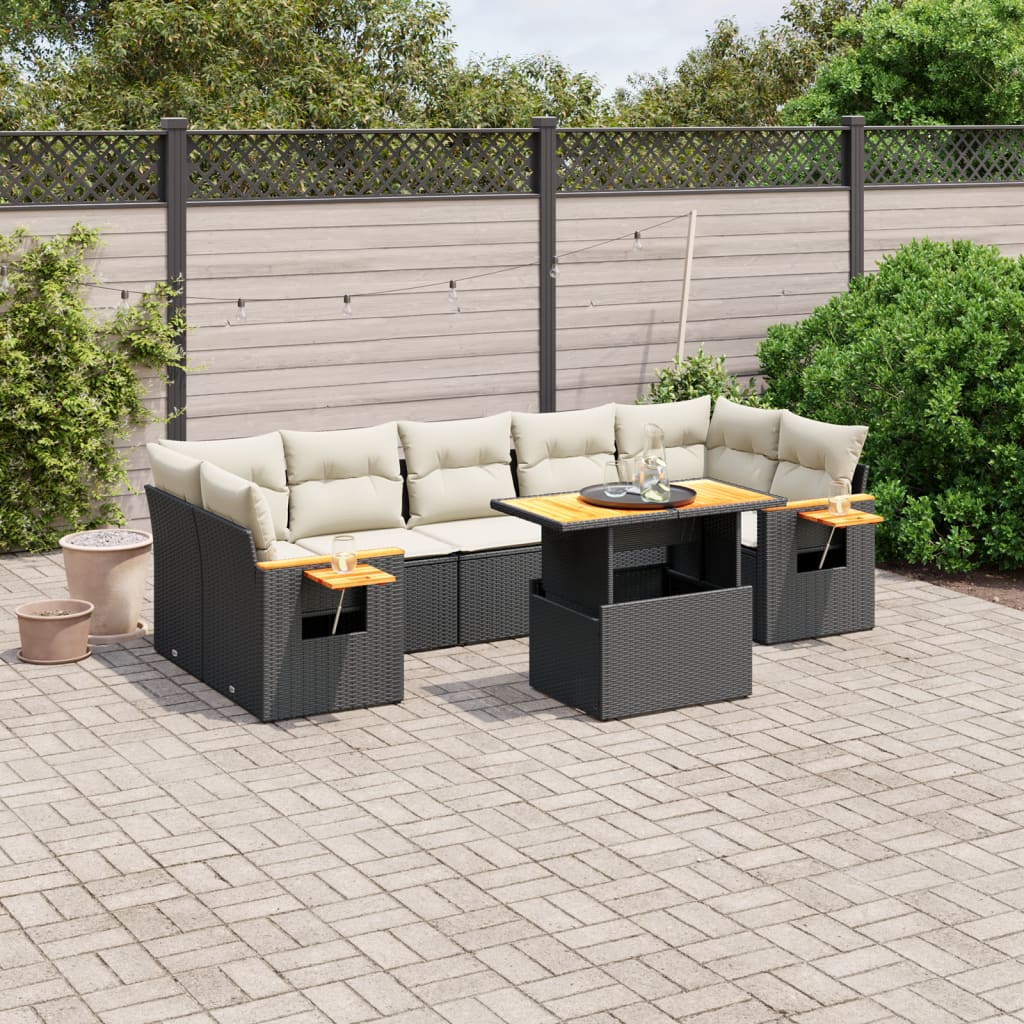 Set mobilier de gradina cu perne, 8 piese, negru, poliratan — imaginea 2