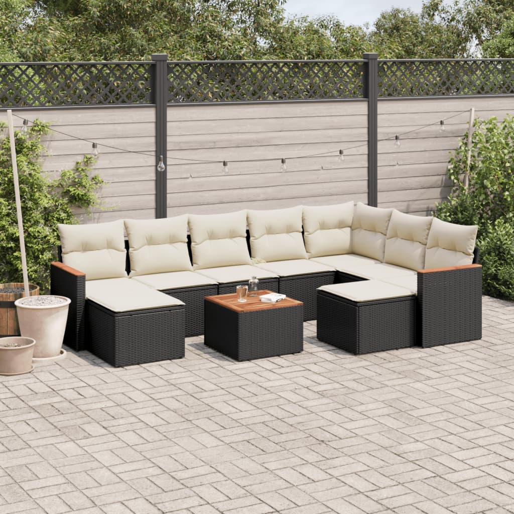 Set canapele de gradina cu perne, 10 piese, negru, poliratan — imaginea 2