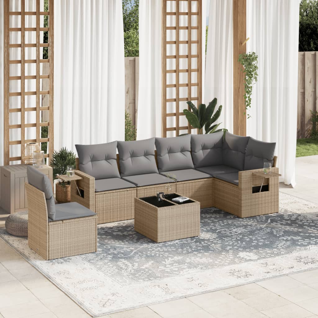 Set canapele de gradina, 7 piese, cu perne, bej, poliratan — imaginea 2