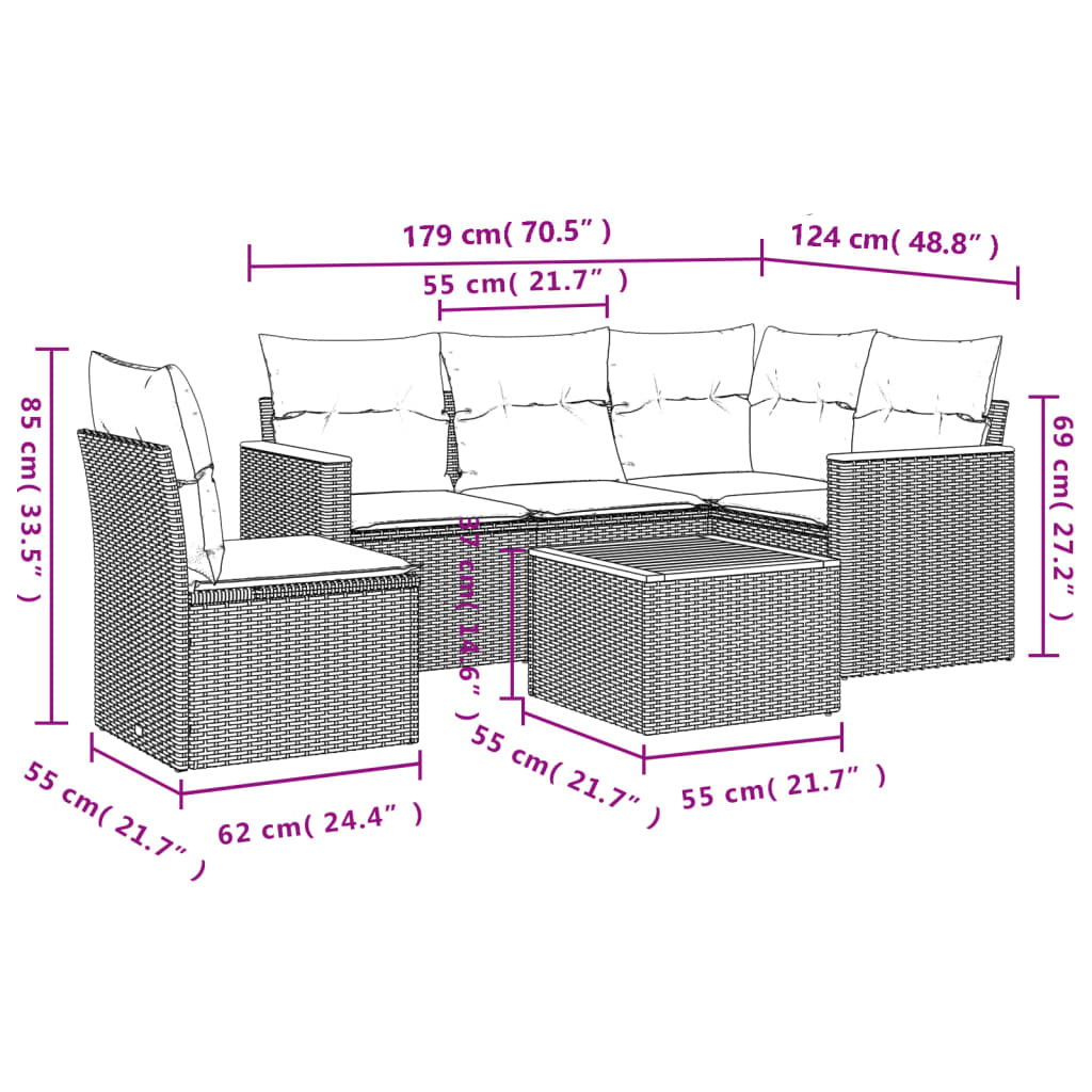 Set mobilier de gradina cu perne, 6 piese, negru, poliratan — imaginea 8
