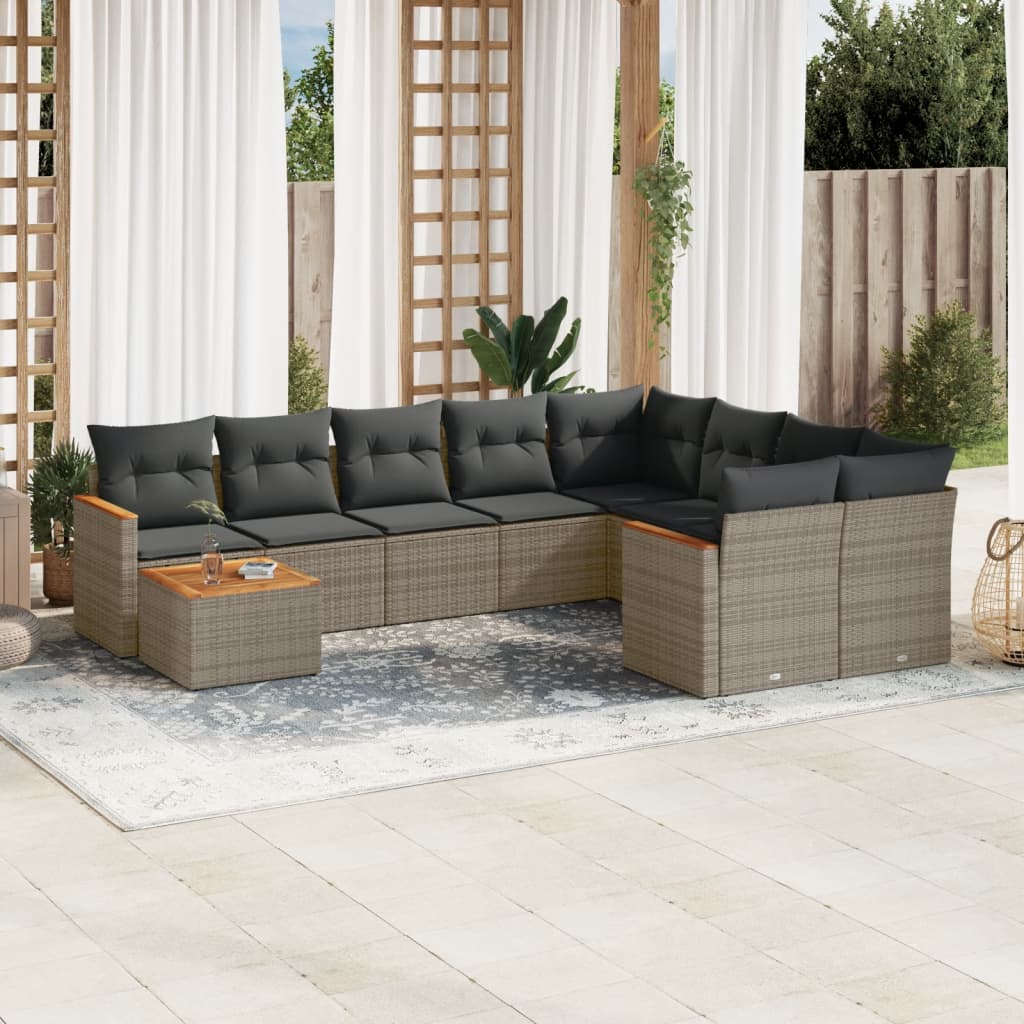 Set mobilier de gradina cu perne, 10 piese, gri, poliratan — imaginea 2