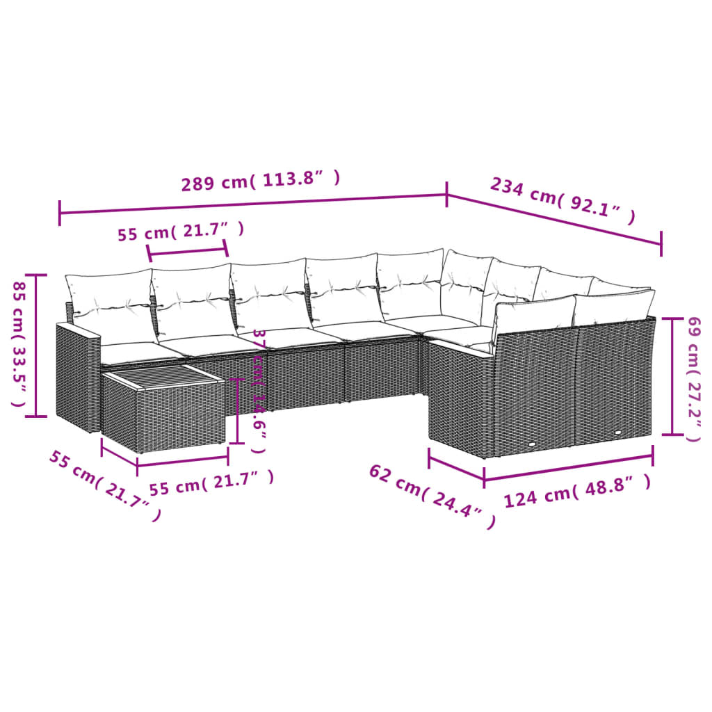 Set mobilier de gradina cu perne, 10 piese, gri, poliratan — imaginea 3