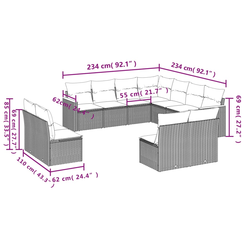 Set canapele de gradina cu perne, 11 piese, negru, poliratan — imaginea 7