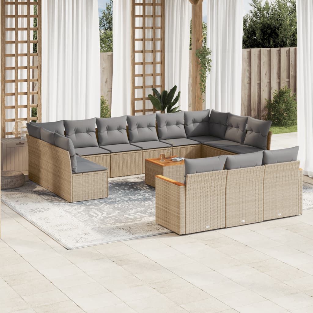 Set canapele de gradina, 14 piese, cu perne, bej, poliratan — imaginea 2