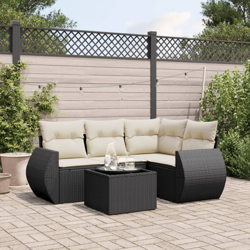 Set mobilier de gradina cu perne, 5 piese, negru, poliratan — imaginea 2
