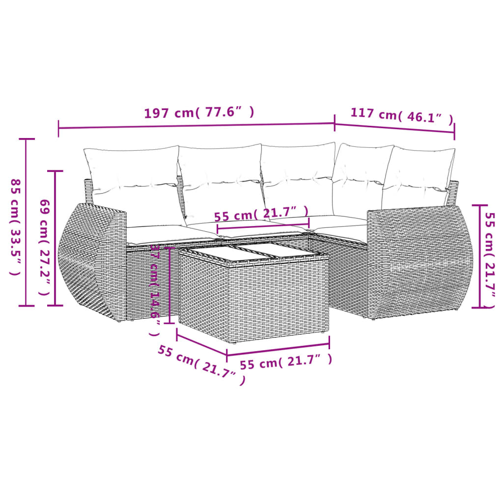 Set mobilier de gradina cu perne, 5 piese, negru, poliratan — imaginea 8