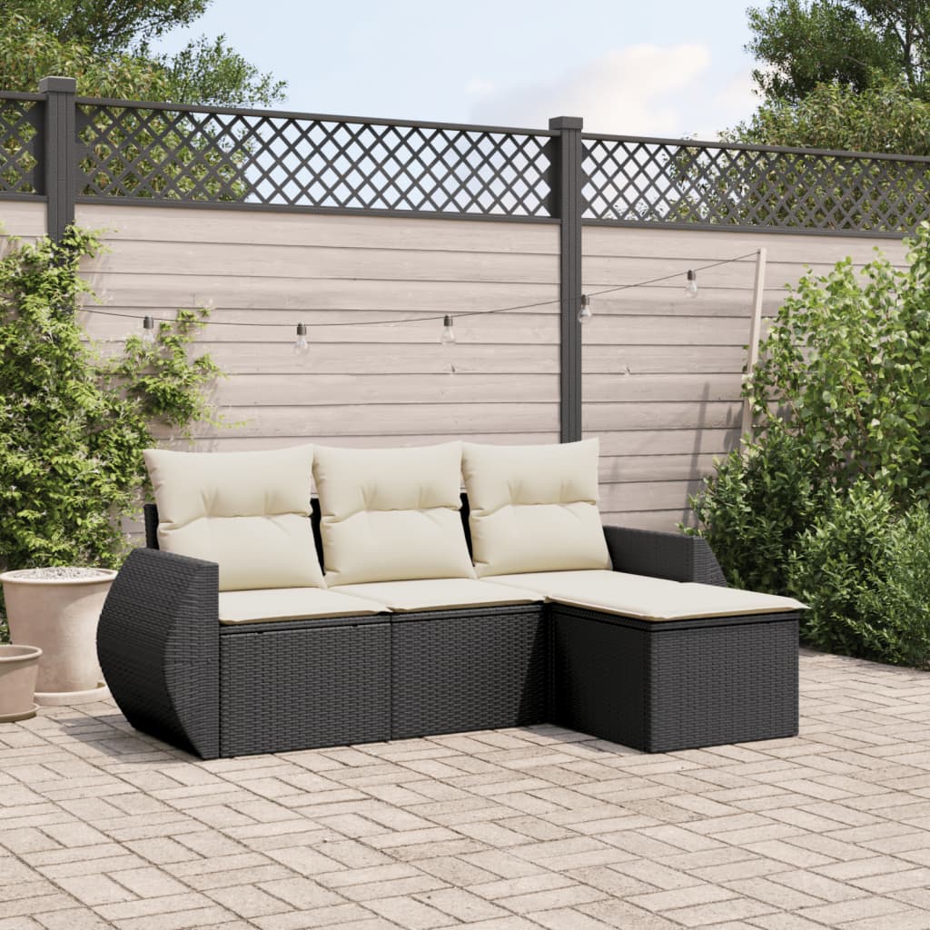 Set mobilier de gradina cu perne, 4 piese, negru, poliratan — imaginea 2
