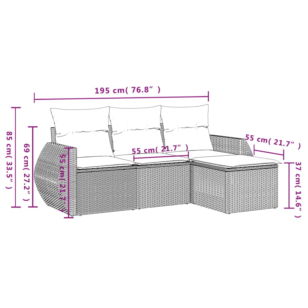 Set mobilier de gradina cu perne, 4 piese, negru, poliratan — imaginea 7