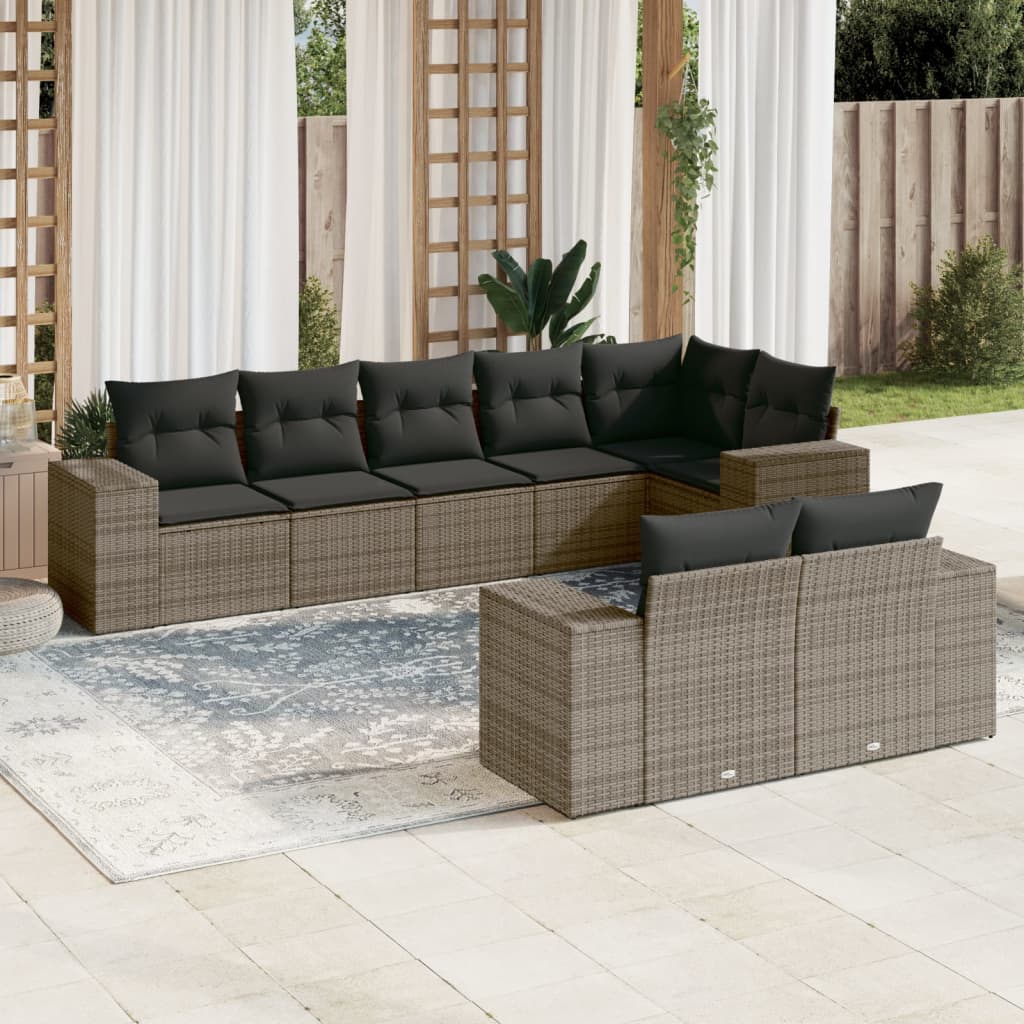 Set canapele de gradina cu perne, 8 piese, gri, poliratan — imaginea 2