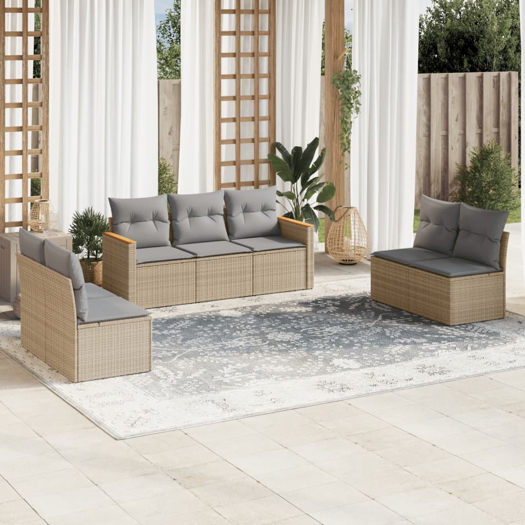 Set canapele de gradina, 7 piese, cu perne, bej, poliratan — imaginea 2