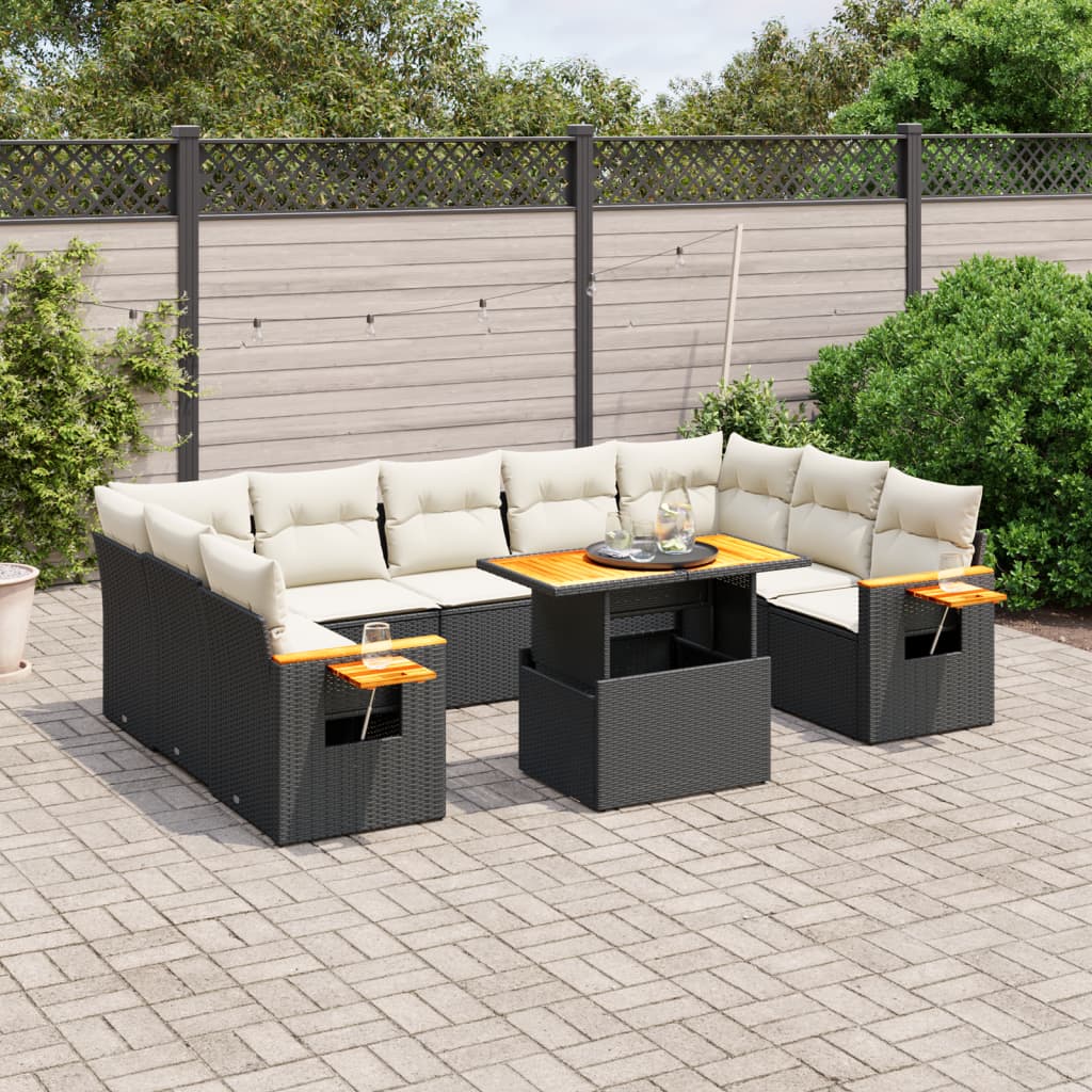 Set canapele de gradina cu perne, 10 piese, negru, poliratan — imaginea 2