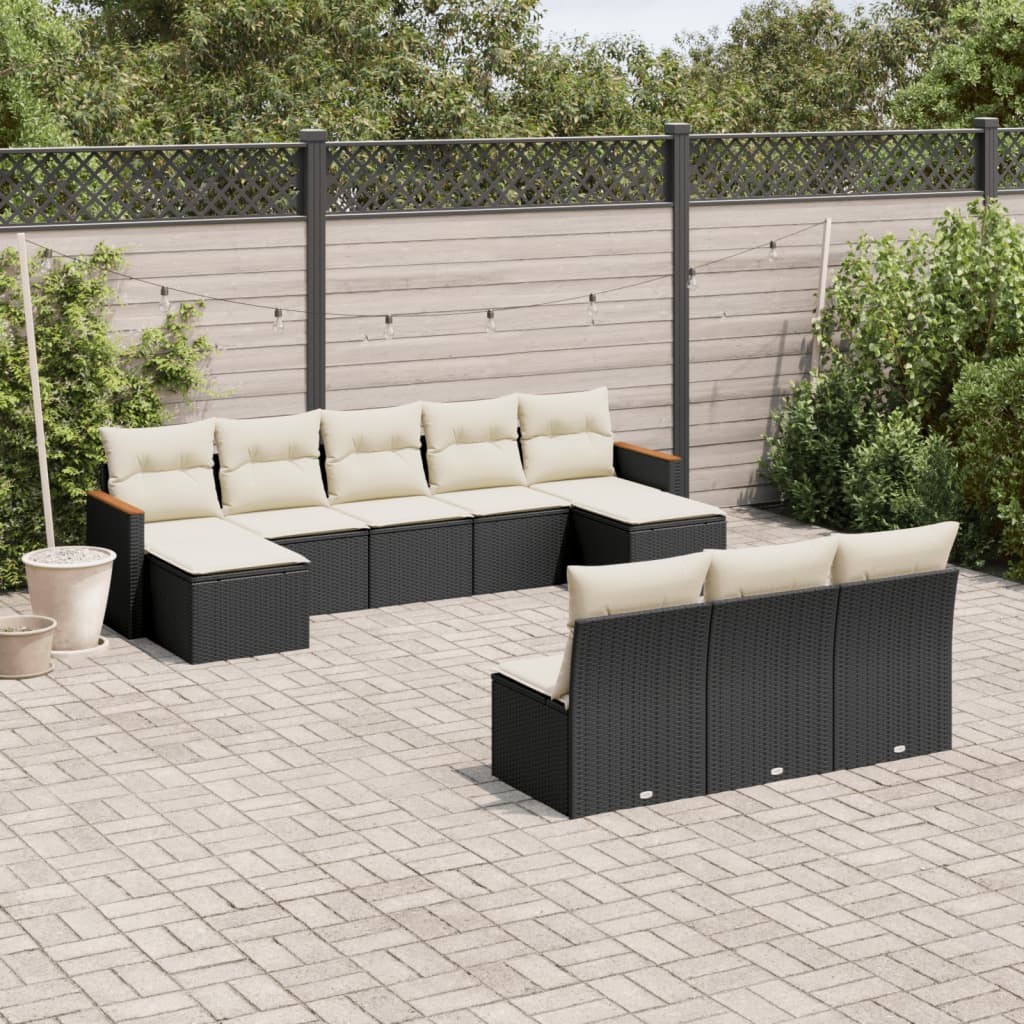 Set canapele de gradina cu perne, 10 piese, negru, poliratan — imaginea 2