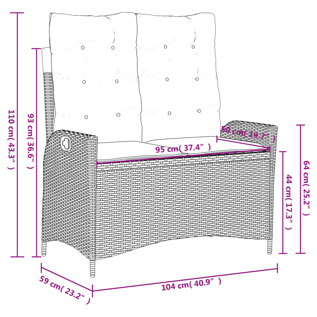 Set mobilier de gradina cu perne, 2 piese, negru, poliratan — imaginea 10
