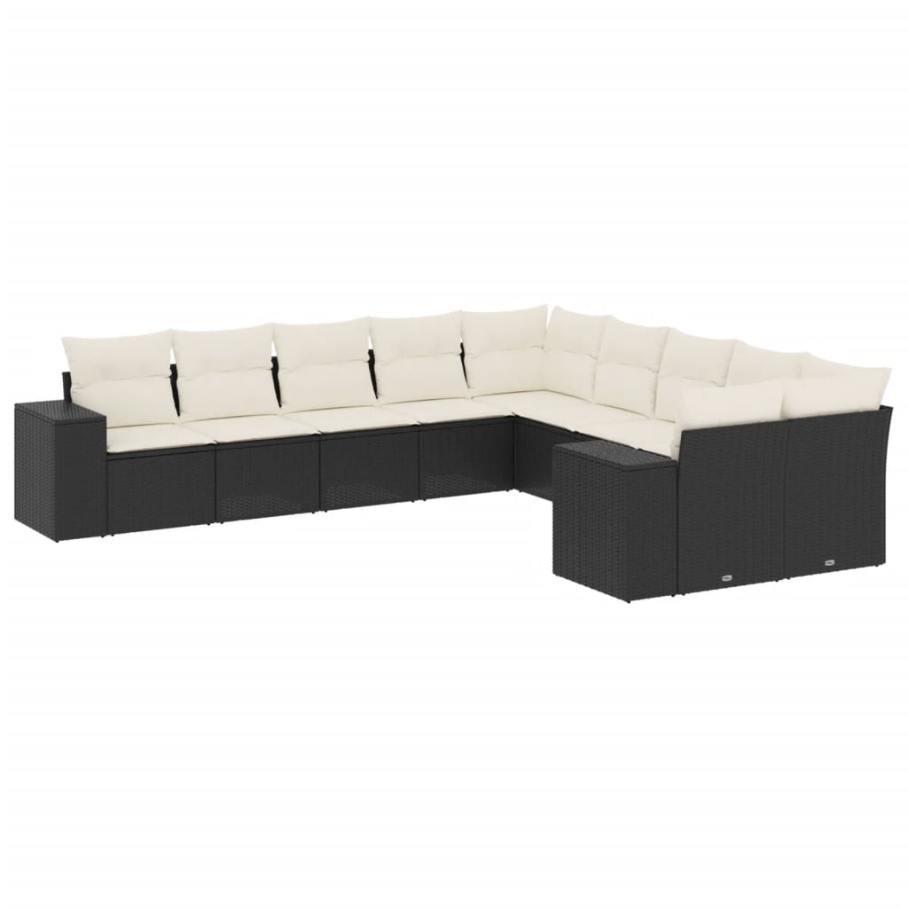 Set canapele de gradina cu perne, 10 piese, negru, poliratan