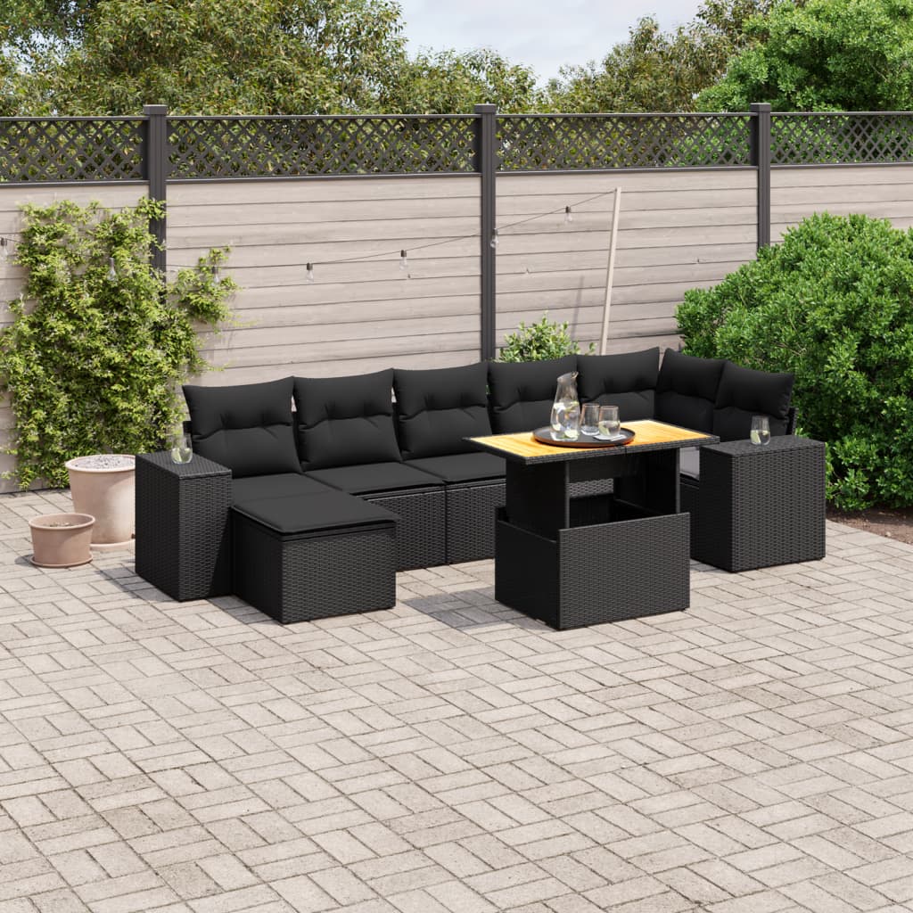 Set mobilier de gradina cu perne, 8 piese, negru, poliratan — imaginea 2