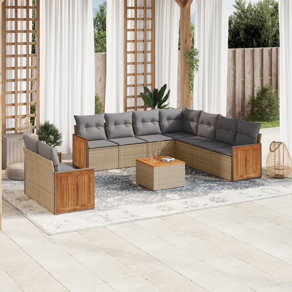 Set canapele de gradina cu perne, 10 piese, bej, poliratan — imaginea 2
