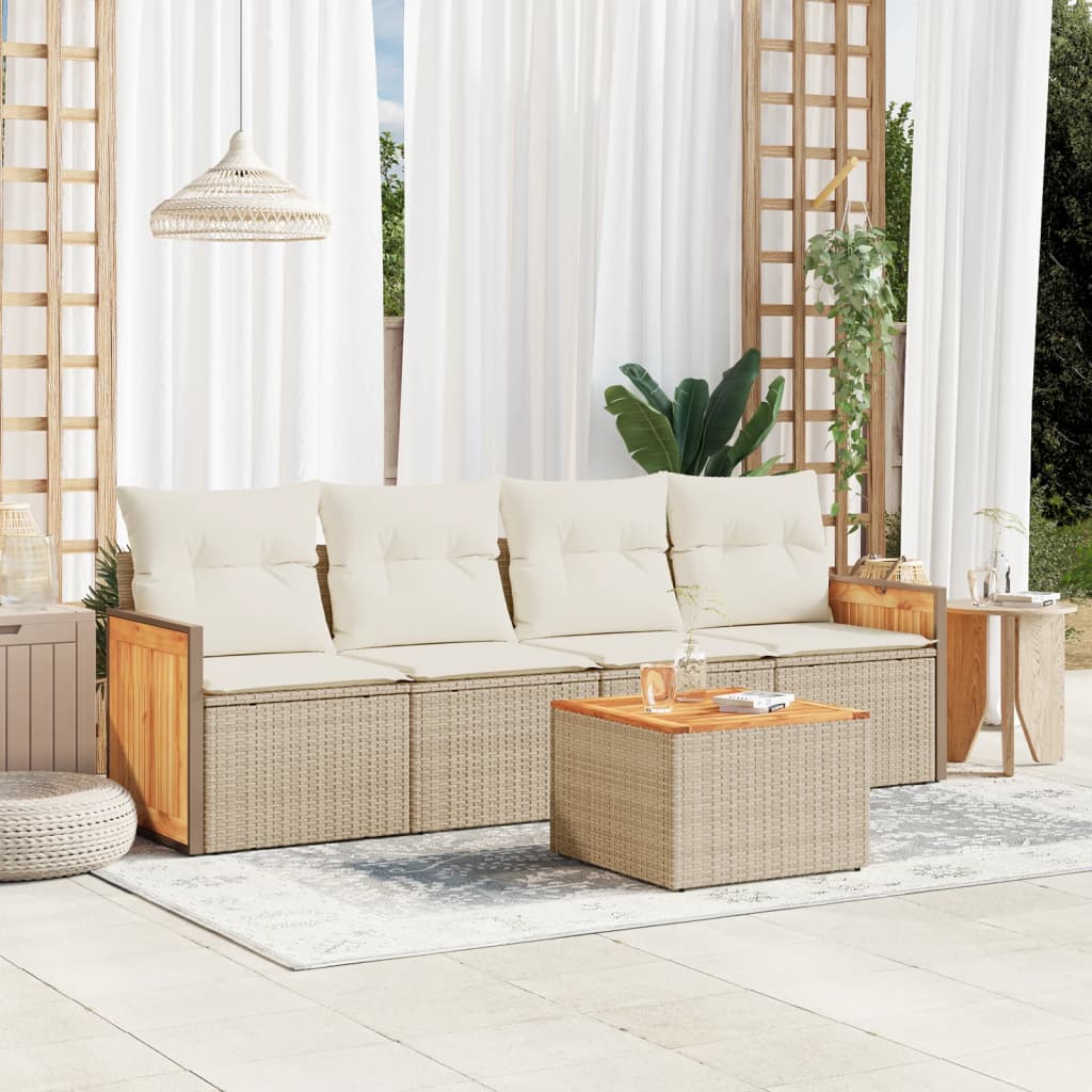 Set canapele de gradina cu perne, 5 piese, bej, poliratan — imaginea 2