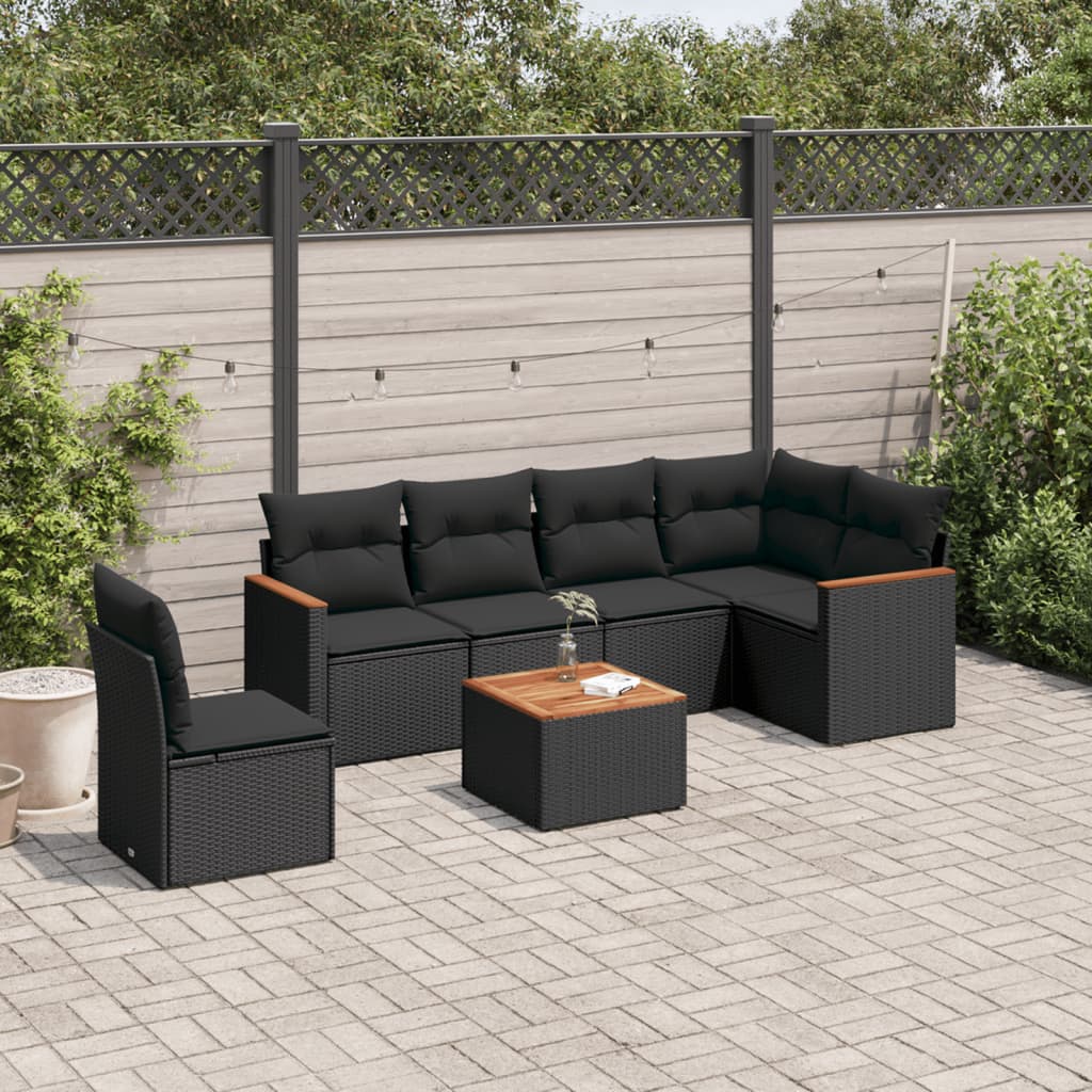 Set canapele de gradina cu perne, 7 piese, negru, poliratan — imaginea 2