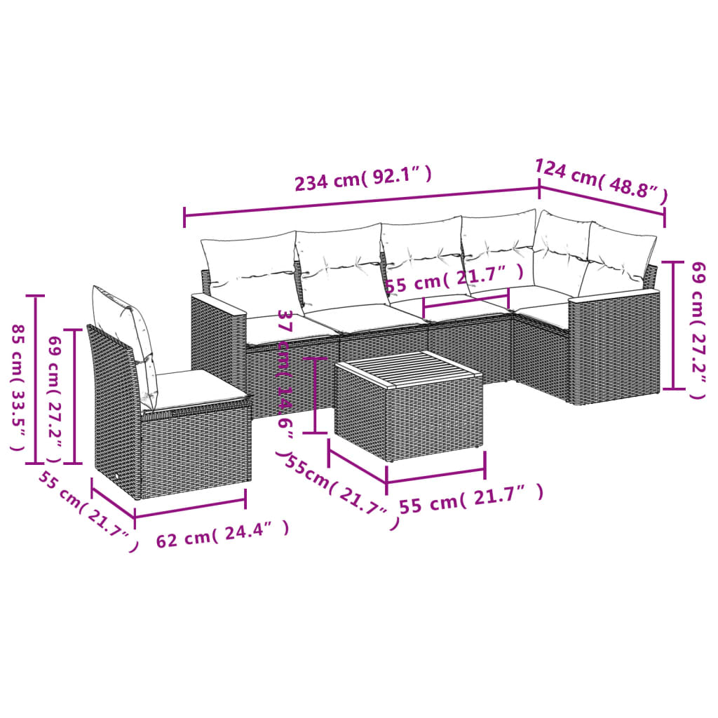 Set canapele de gradina cu perne, 7 piese, negru, poliratan — imaginea 8