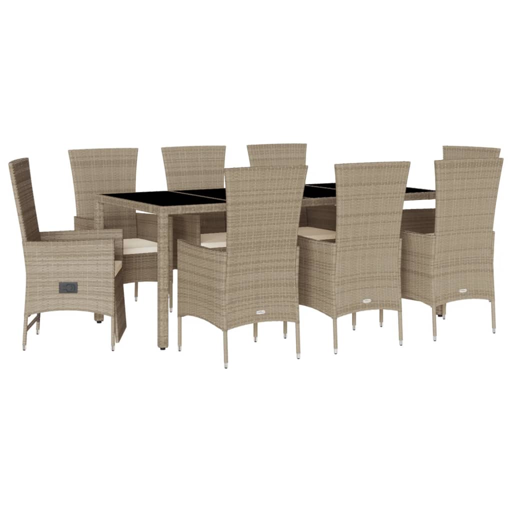 Set de masa pentru gradina, 9 piese, cu perne, bej, poliratan