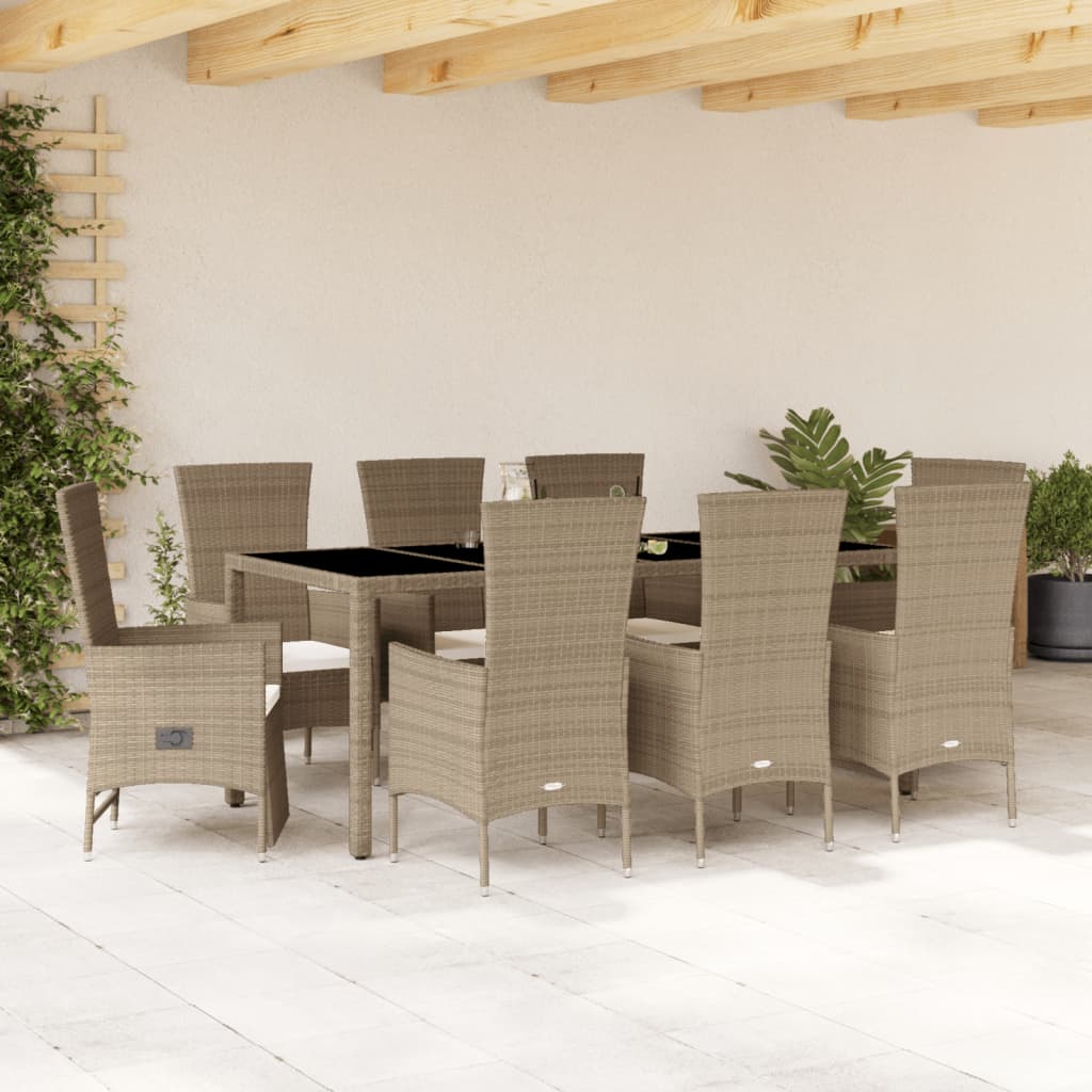 Set de masa pentru gradina, 9 piese, cu perne, bej, poliratan — imaginea 2