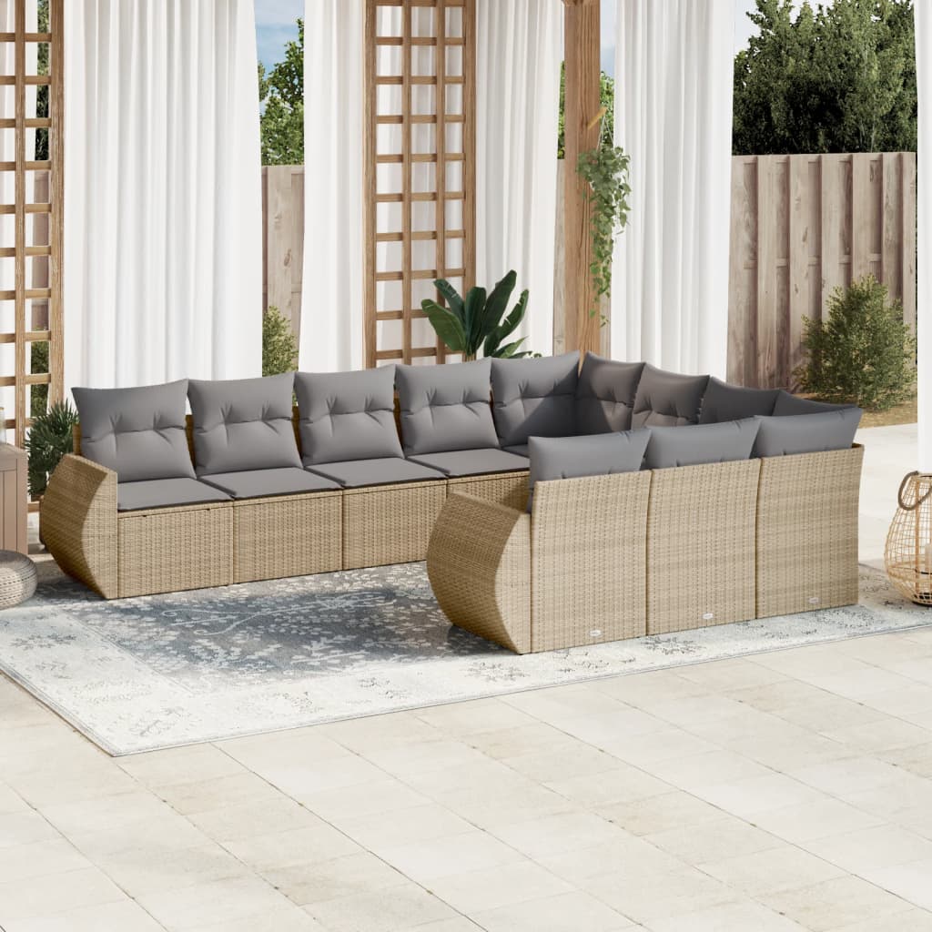 Set canapele de gradina cu perne, 10 piese, bej, poliratan — imaginea 2