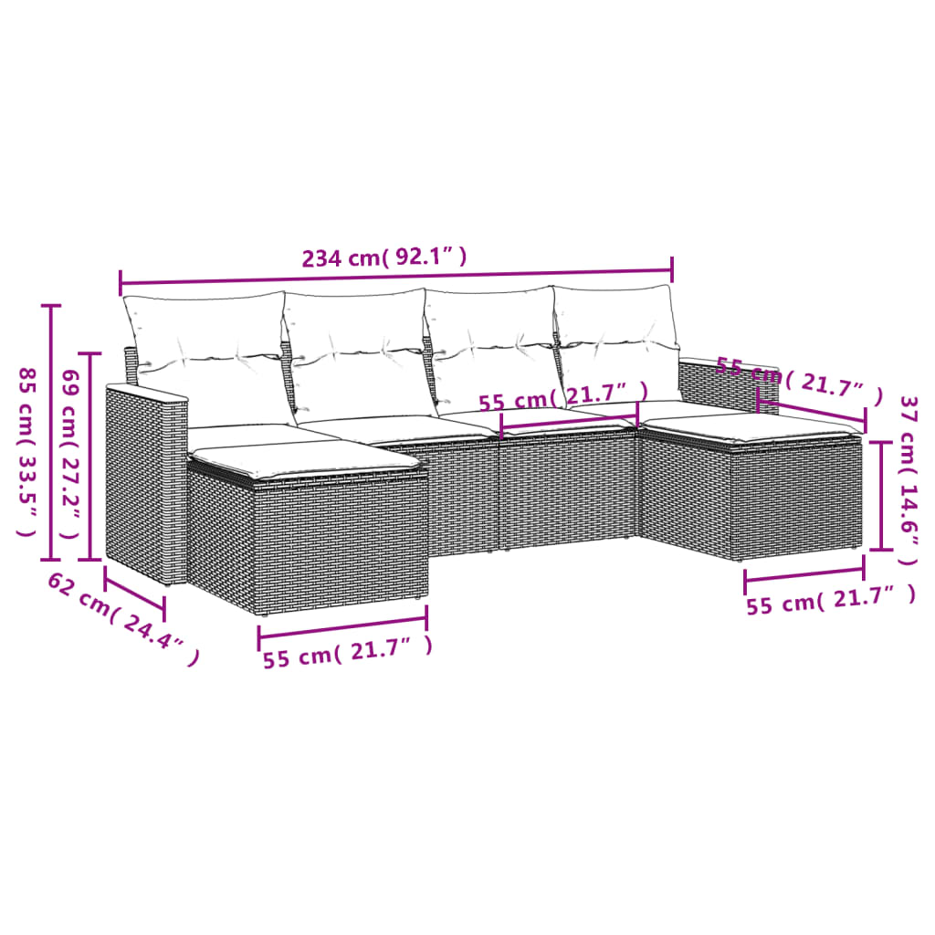 Set mobilier de gradina cu perne, 6 piese, negru, poliratan — imaginea 3