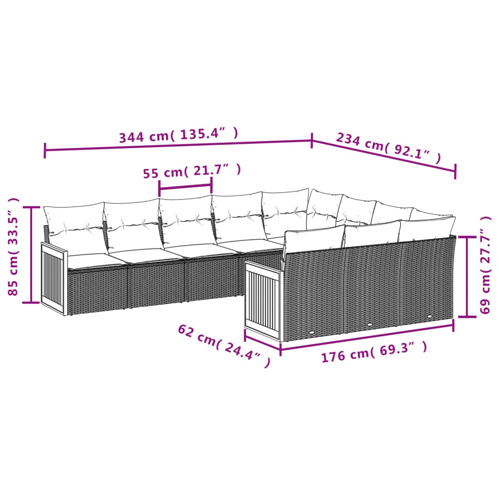 Set canapele de gradina cu perne, 10 piese, bej, poliratan — imaginea 7