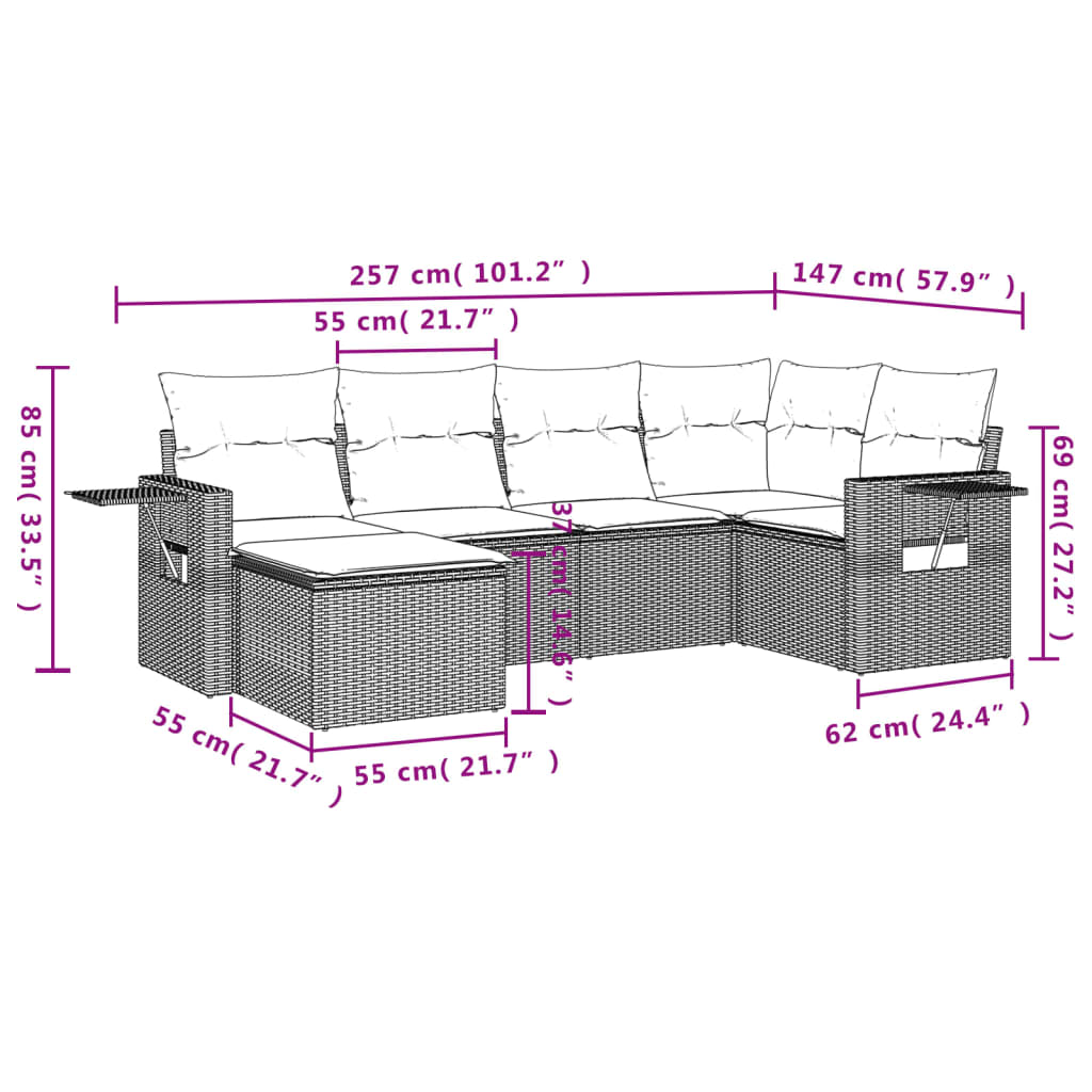 Set mobilier de gradina cu perne, 6 piese, negru, poliratan — imaginea 9