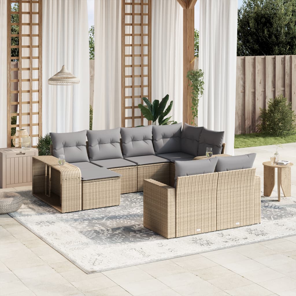 Set canapele de gradina cu perne, 10 piese, bej, poliratan — imaginea 2
