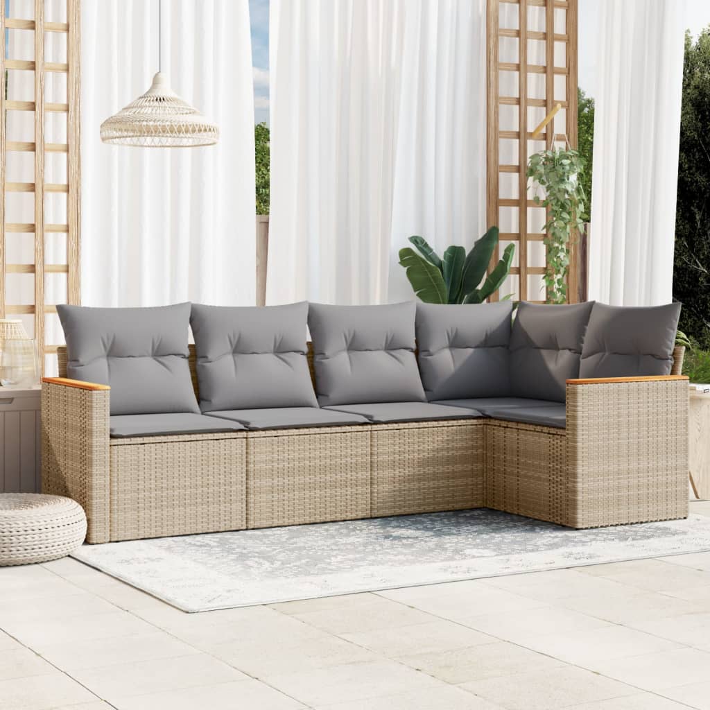 Set canapele de gradina cu perne, 5 piese, bej, poliratan — imaginea 2