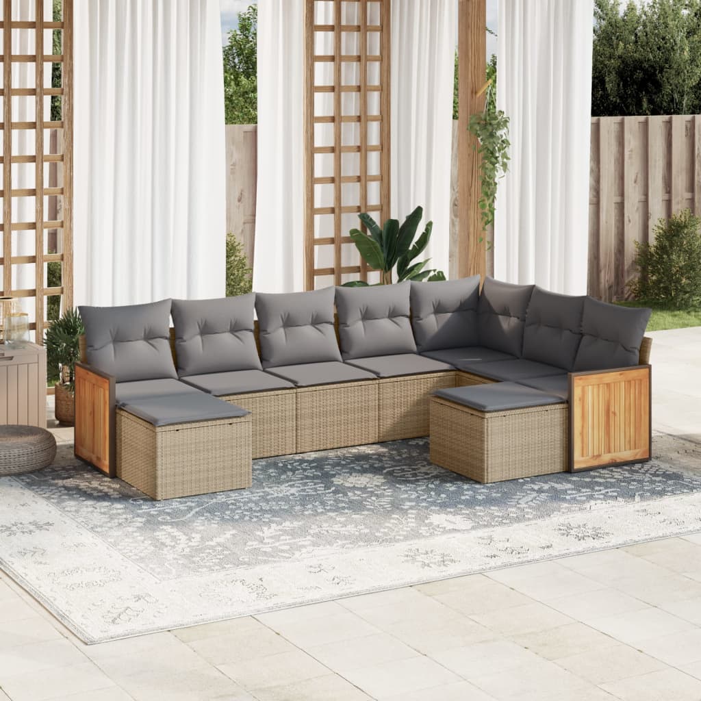 Set canapele de gradina, 9 piese, cu perne, bej, poliratan — imaginea 2