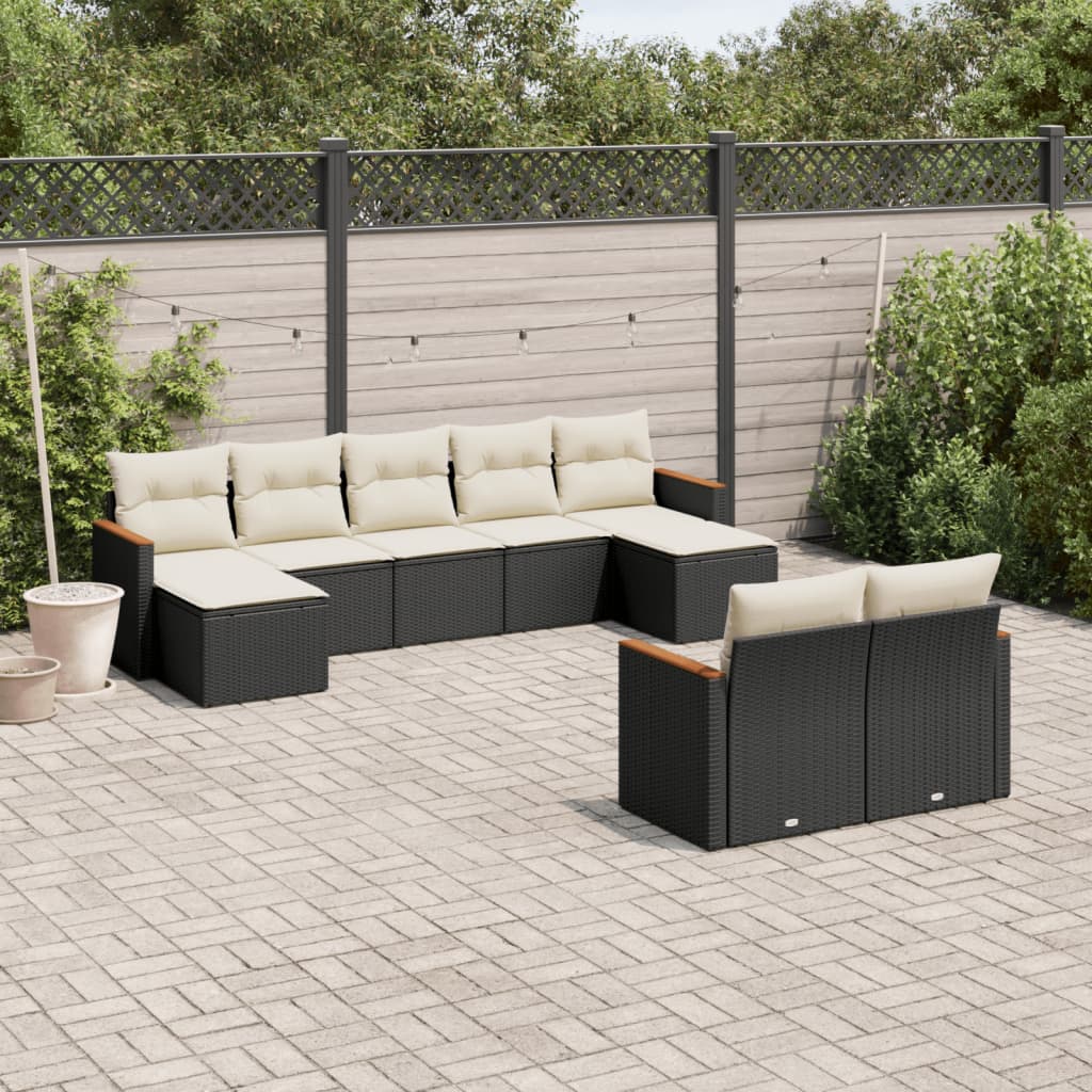 Set mobilier de gradina cu perne, 9 piese, negru, poliratan — imaginea 2