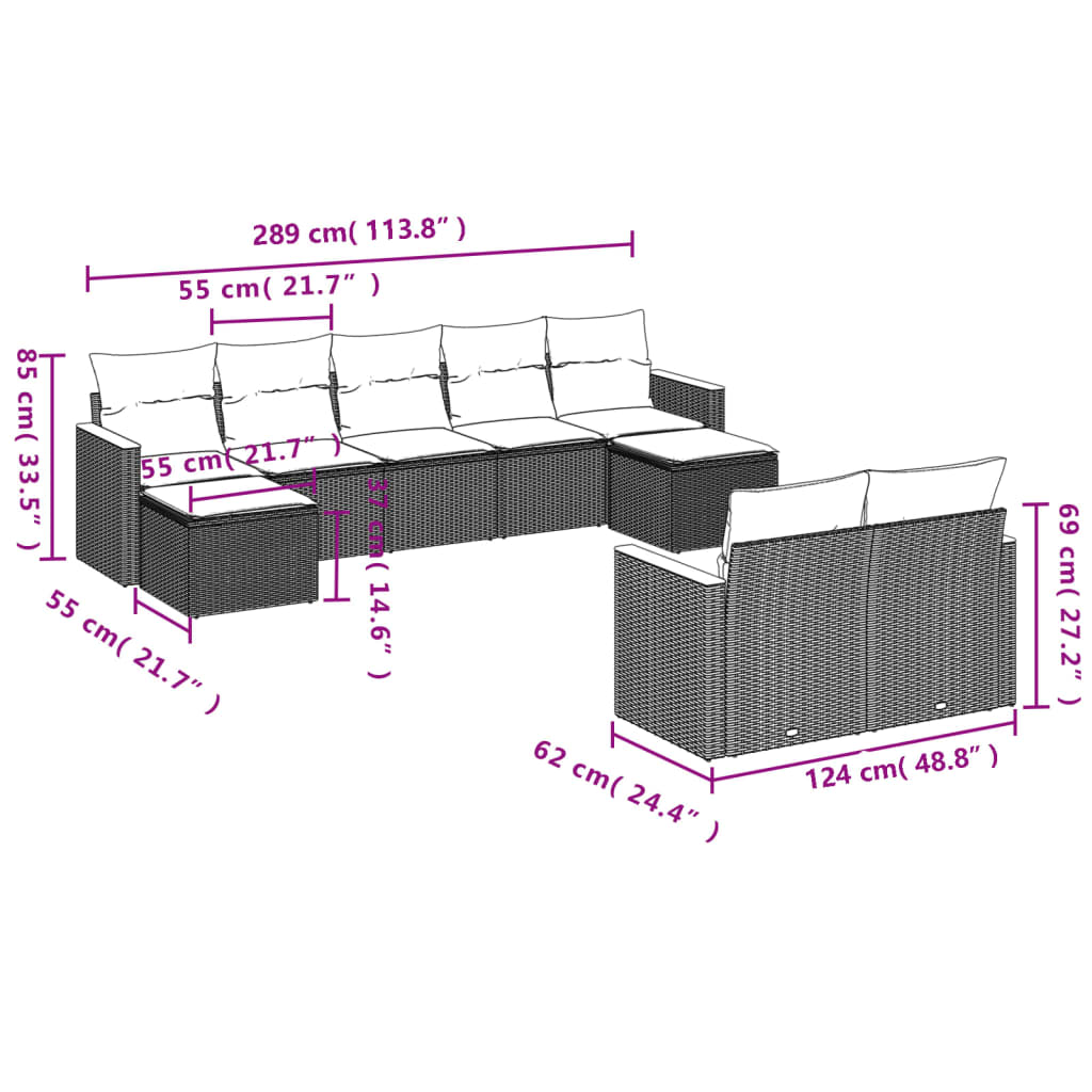 Set mobilier de gradina cu perne, 9 piese, negru, poliratan — imaginea 3