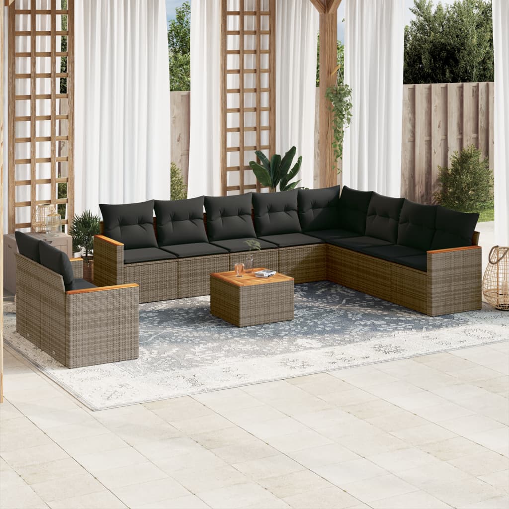 Set canapele de gradina cu perne, 11 piese, gri, poliratan — imaginea 2