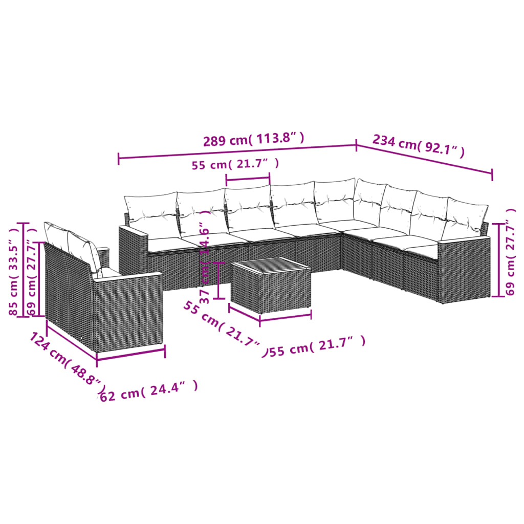 Set canapele de gradina cu perne, 11 piese, gri, poliratan — imaginea 3