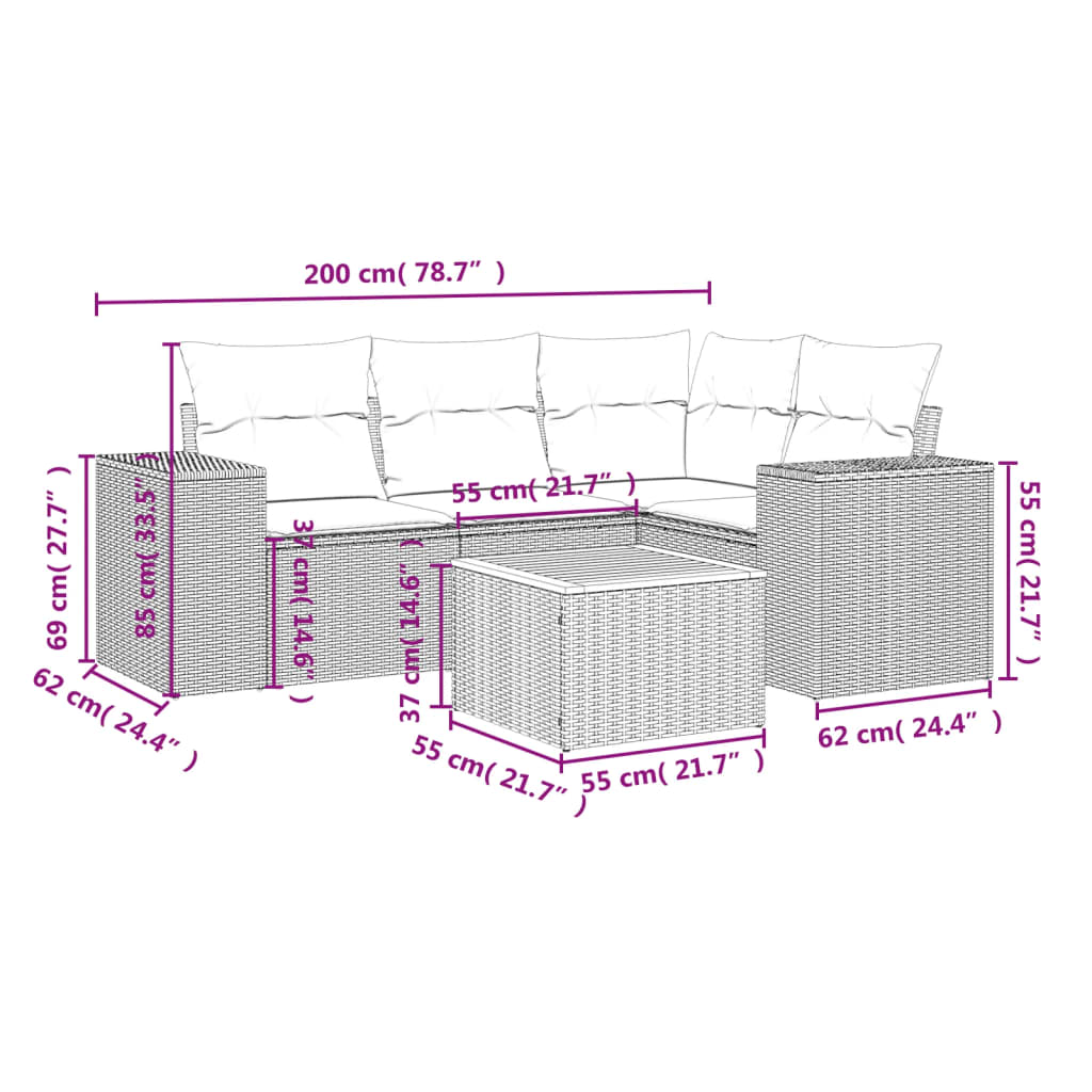 Set mobilier de gradina cu perne, 5 piese, negru, poliratan — imaginea 3