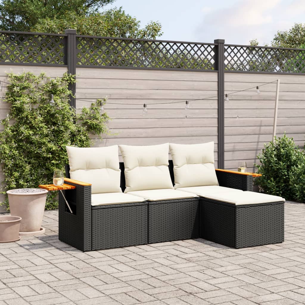 Set mobilier de gradina cu perne, 4 piese, negru, poliratan — imaginea 2