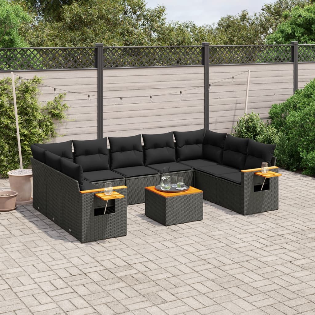 Set canapele de gradina cu perne, 10 piese, negru, poliratan — imaginea 2