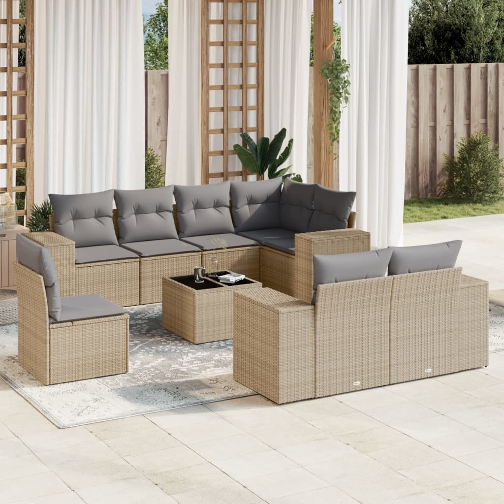 Set canapele de gradina, 9 piese, cu perne, bej, poliratan — imaginea 2