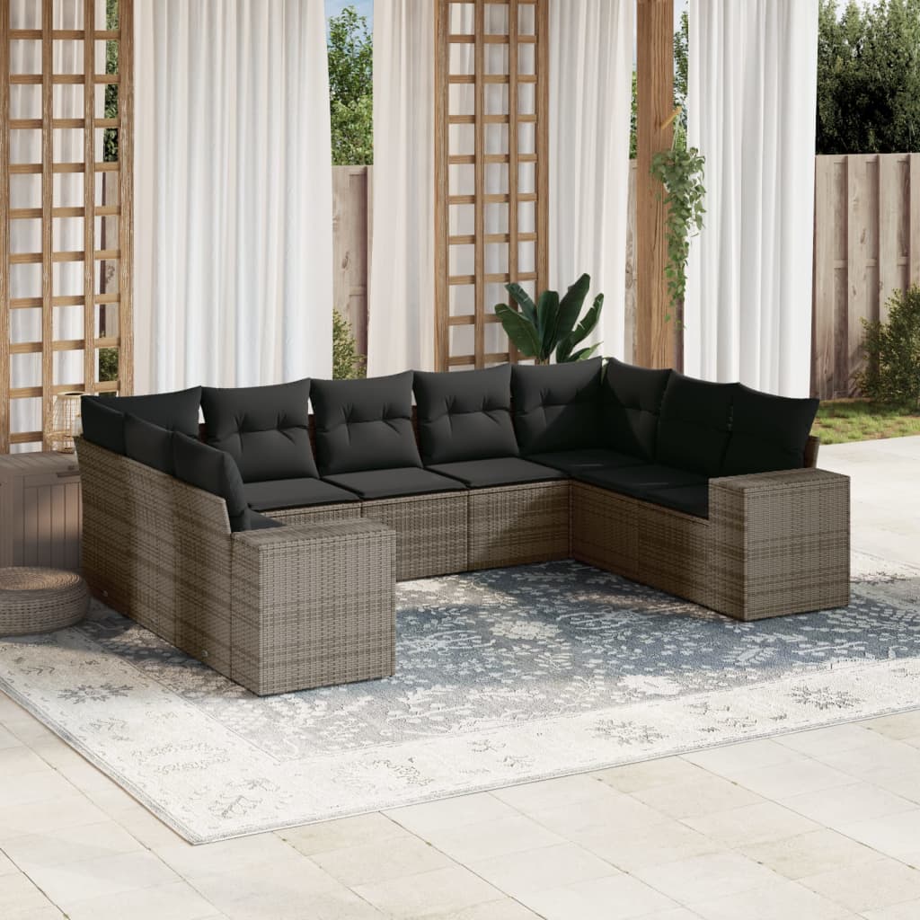 Set canapele de gradina, 9 piese, cu perne, gri, poliratan — imaginea 2