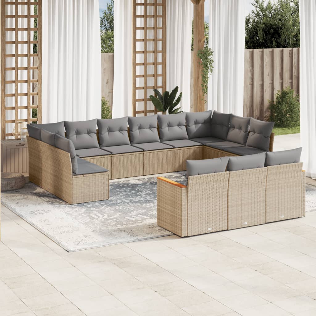 Set canapele de gradina, 13 piese, cu perne, bej, poliratan — imaginea 2