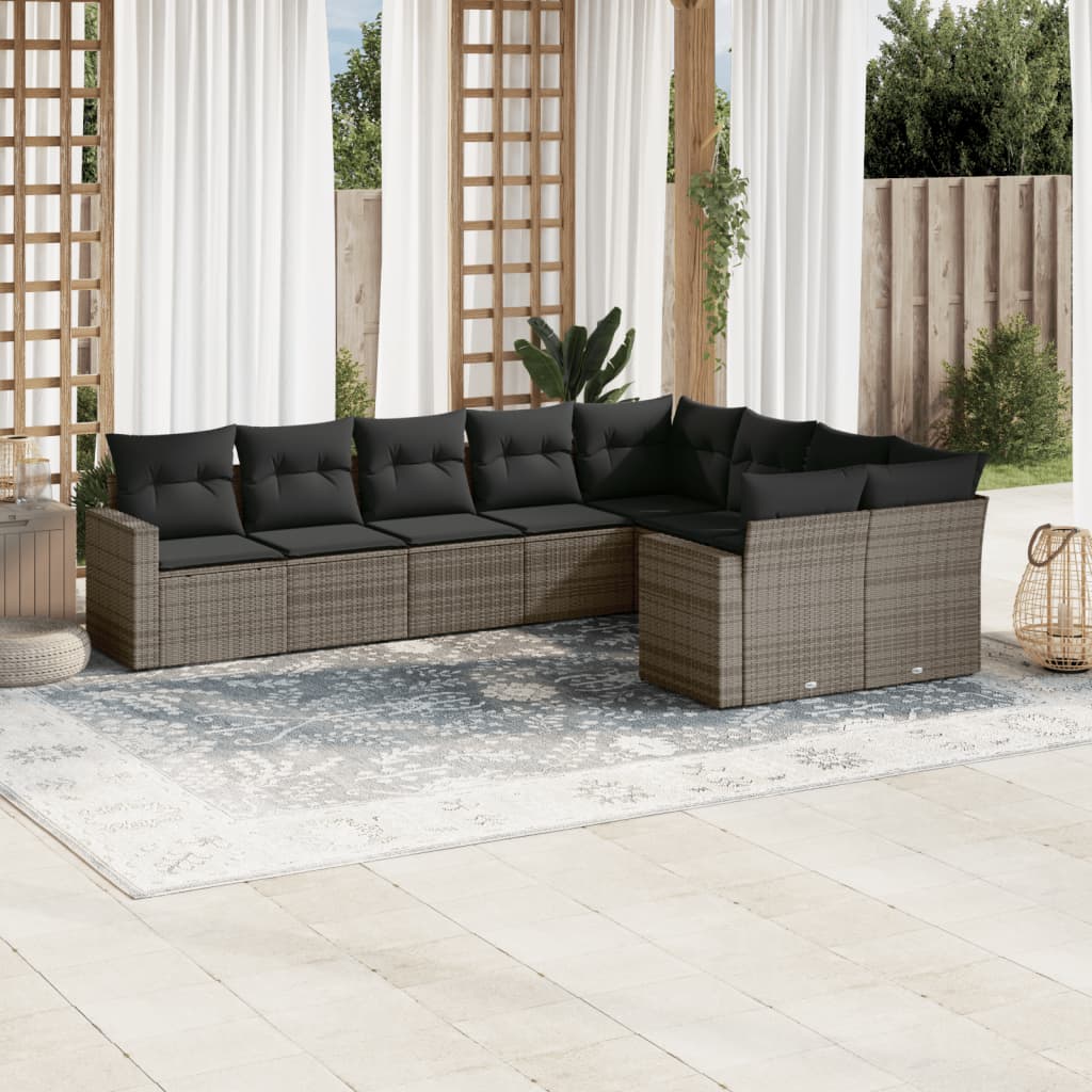Set canapele de gradina, 9 piese, cu perne, gri, poliratan — imaginea 2