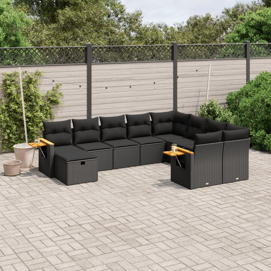 Set canapele de gradina cu perne, 10 piese, negru, poliratan — imaginea 2