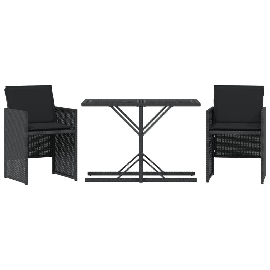 Set bistro cu perne, 3 piese, negru, poliratan