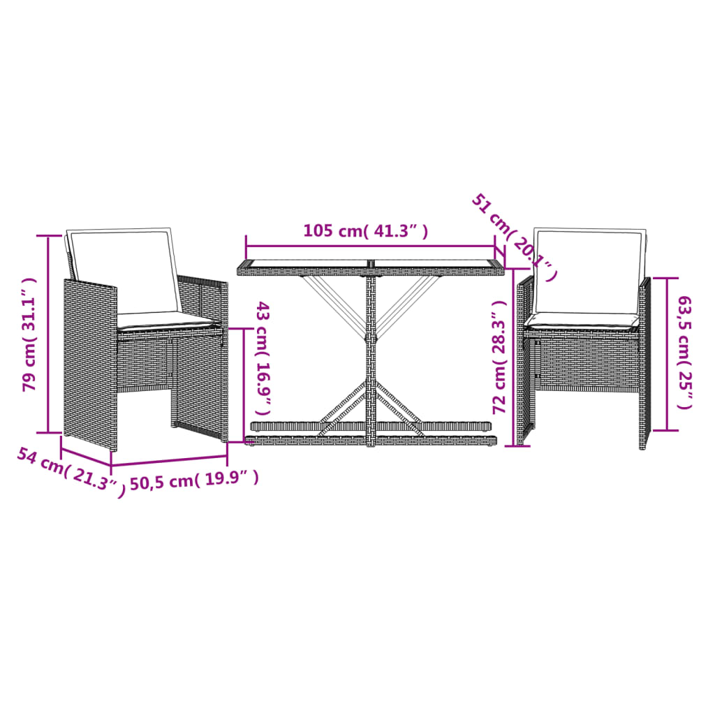 Set bistro cu perne, 3 piese, negru, poliratan — imaginea 11