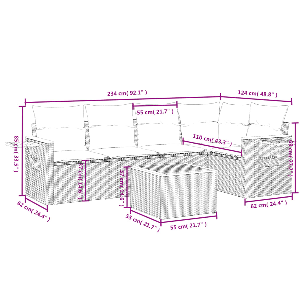 Set canapele de gradina cu perne, 6 piese, bej, poliratan — imaginea 9