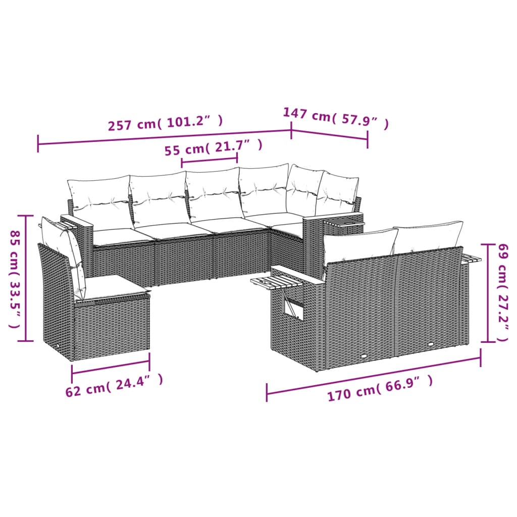 Set mobilier de gradina cu perne, 8 piese, negru, poliratan — imaginea 8